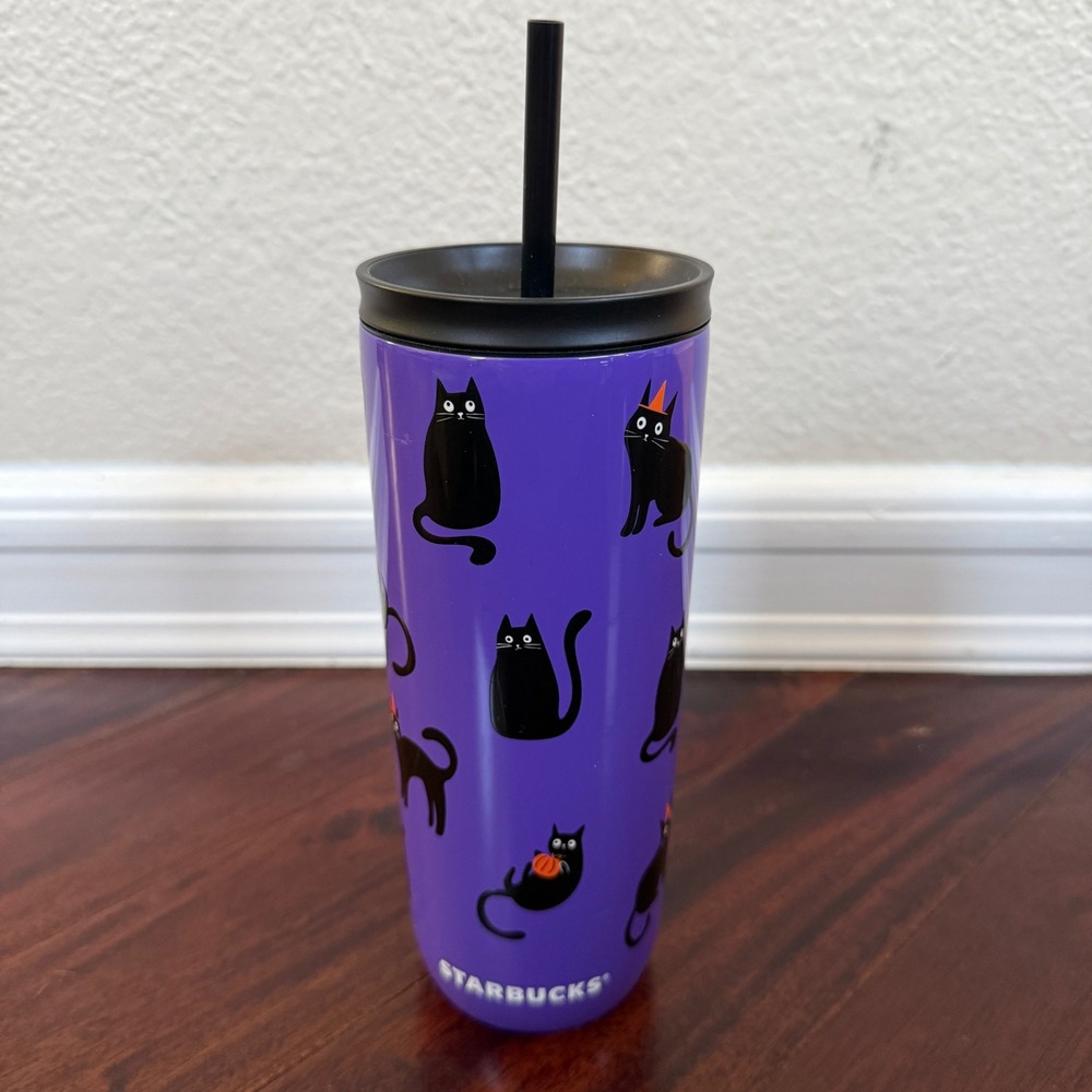 Starbucks Europe 2026 Halloween Purple Black Cat Tumbler 17oz Straw Kitten